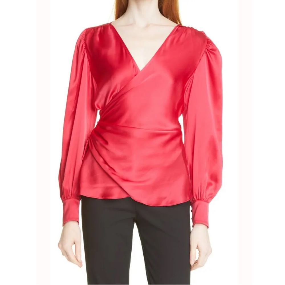 Cinq A Sept Dorothea Surplice Silk Ruched Blouse in Raspberry - NWT